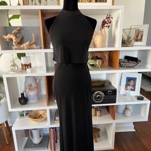 Long black halter dress with mesh waist